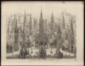 The frontispiece for Pugin's An Apolgy for the Revival of Christian Architecture in England. Which is ironic, because this is not an apology, but more "CHECK OUT MY CHURCHES YOU MOTHERFUCKERS"