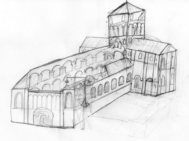 The Abbey Church (I've sort of ghosted in the cloisters that would have been there) in the early thirteenth century after the departure of the second campaign. It is not a cutaway. The north gallery is roofed, as is the Romanesque bay of the south, the rest is open. The tower was definitely not that wonky but since this isn't being peer-reviewed I thought it might be funnier if it was.