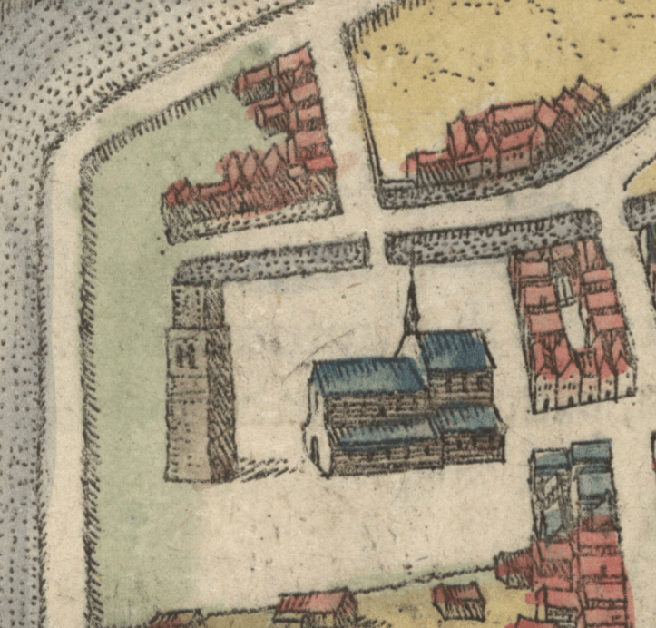 View of Oldhove from map of Leeuwarden by Georg Braun and Franz Hogenberg dated 1580. This hand-colour printing from 1616, Bibloteka Narodowa, ZZK 0.261.